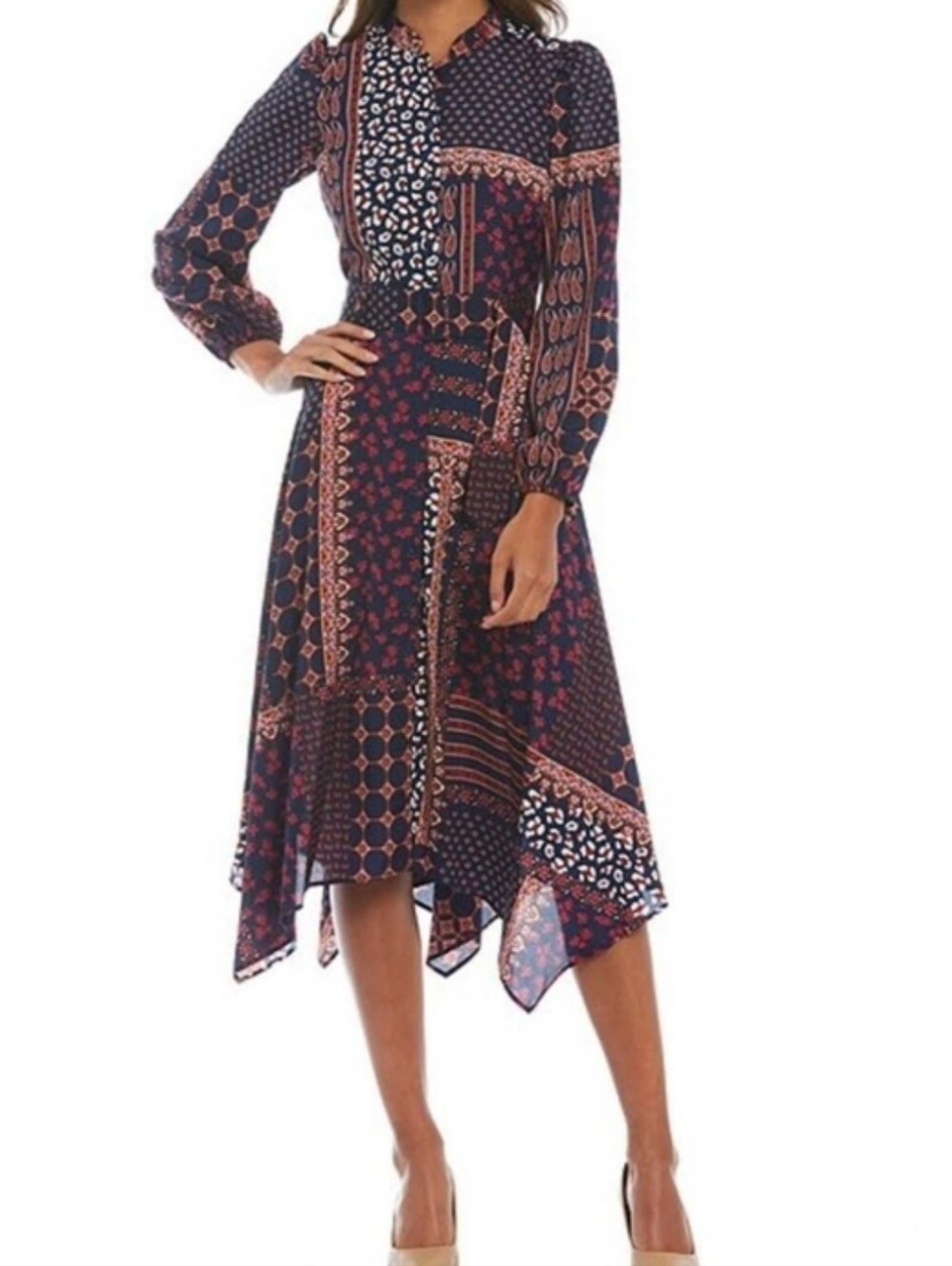 Vince Camuto Navy Patchwork Print Blouse with Rust & Pink Accents